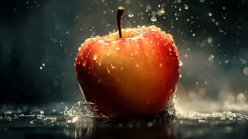 Glistening red apple sparkling softly in cool falling water.