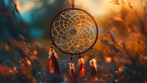Dreamcatcher glows in warm sunset field with soft focus.