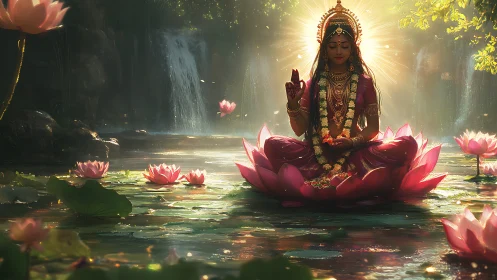 Divine figure in lotus pond bathed in radiant aureole light.