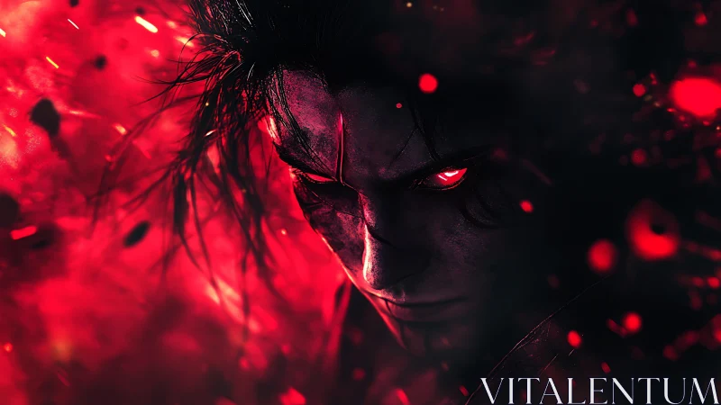 Demonic warrior portrait in blazing red inferno light.