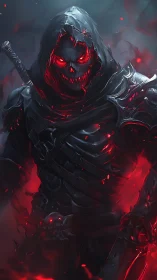 Armored reaper in fractured hood radiates red spectral energy