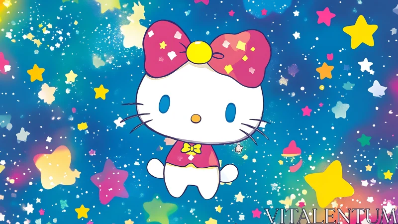 Stargazing kitty drifts through a dreamy candy sky.