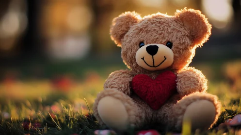 Backlit plush teddy bear holds red heart in shallow depth-of-field