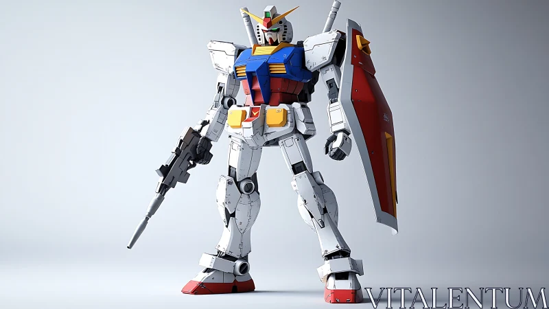 Heroic white mecha standing tall with shield and blaster.