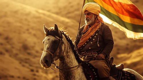 Proud rider carries a colorful banner through golden desert light