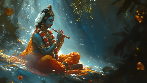 Krishna in a forest glade playing flute in soft light.