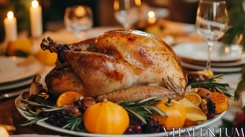 Roast whole turkey on platter with citrus, herbs, and gourds