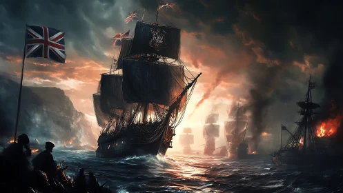 Royal Navy ship-of-the-line in storm-lit Napoleonic sea battle