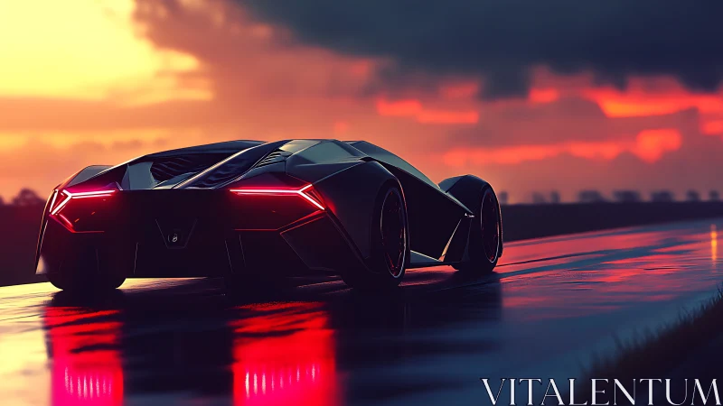Parametric hypercar on wet roadway under emissive sunset sky.