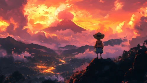 Volcanic sunset panorama with silhouetted observer on ridge.