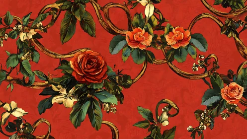 Crimson Garden Tapestry: Gilded Roses Dance Across Scarlet Canvas.