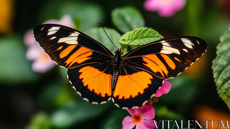 Macro study of orange-black butterfly on vivid foliage plane.
