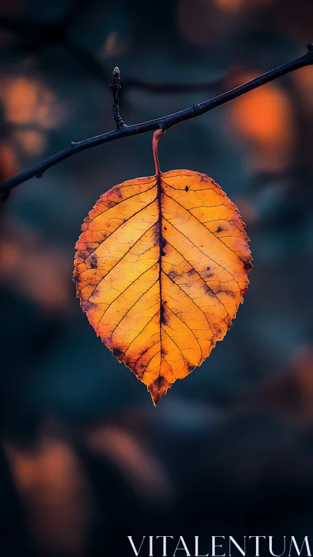 Single amber leaf glows against deep blue autumn bokeh.