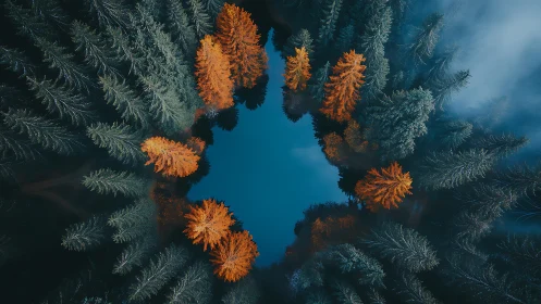 Golden trees gently circle a calm forest lake in autumn