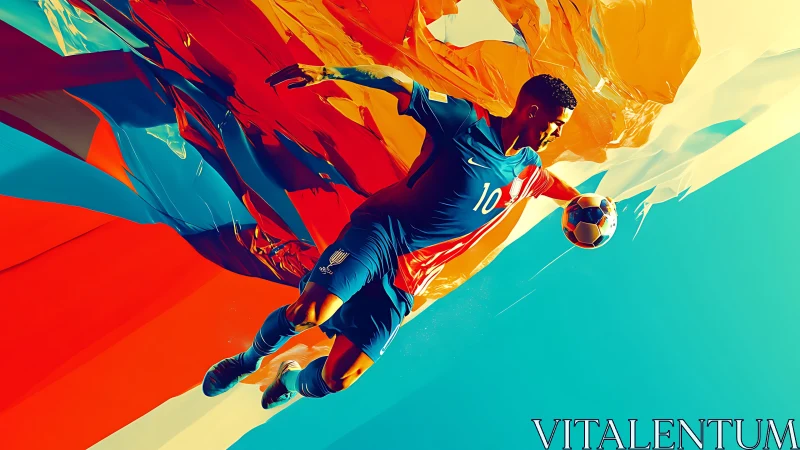 Soccer player in midair controls ball against abstract colors