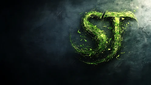 Glowing green ST emblem shattering over textured charcoal field.