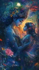 Divine couple in luminous celestial embrace at night.