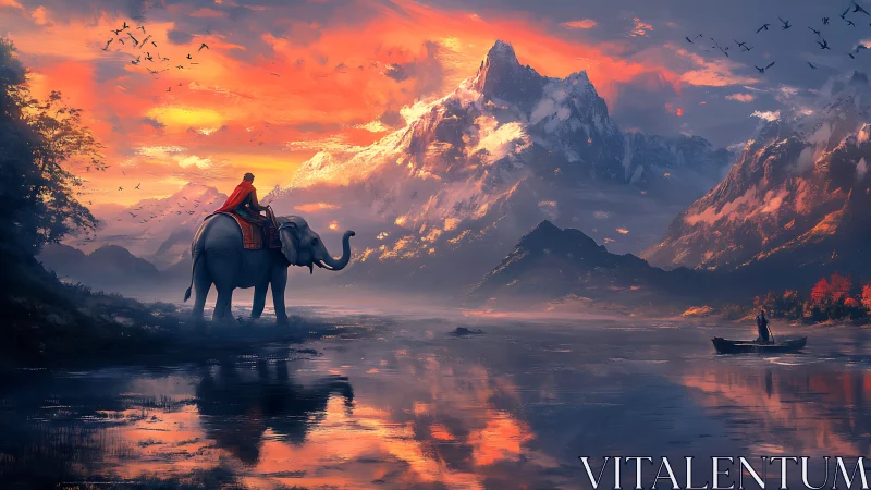 Elephant rider greets a molten sunrise over mythic peaks.