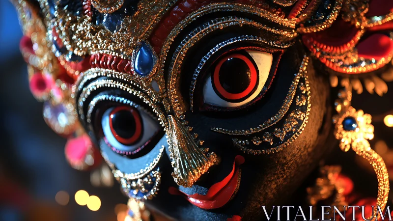 Radiant festival deity mask glowing with intricate jewels.