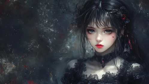 Gothic anime portrait with dark lace dress and jewel choker.