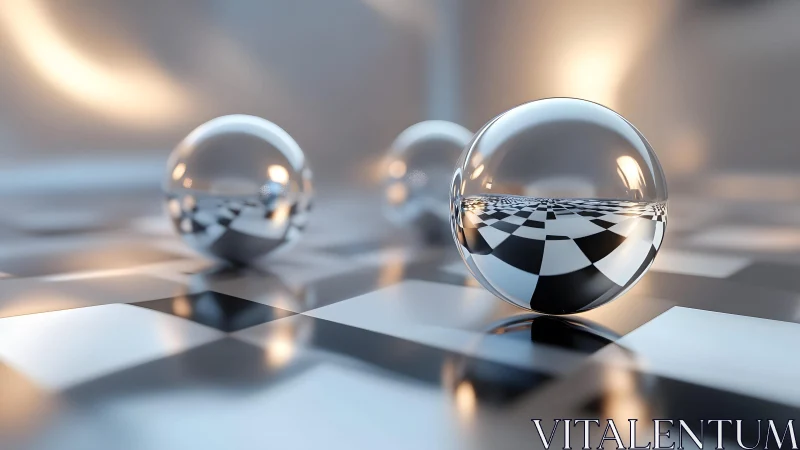 3D glass spheres on reflective checkerboard plane composition.