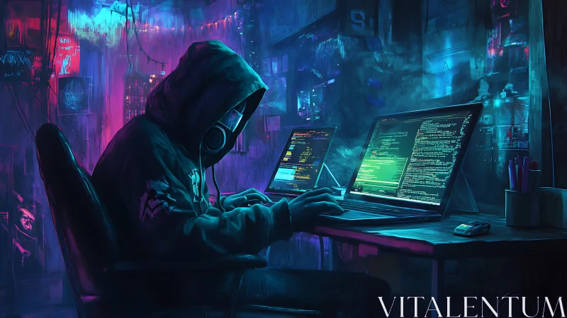 Cyberpunk operator at multi-screen hacking workstation environment.