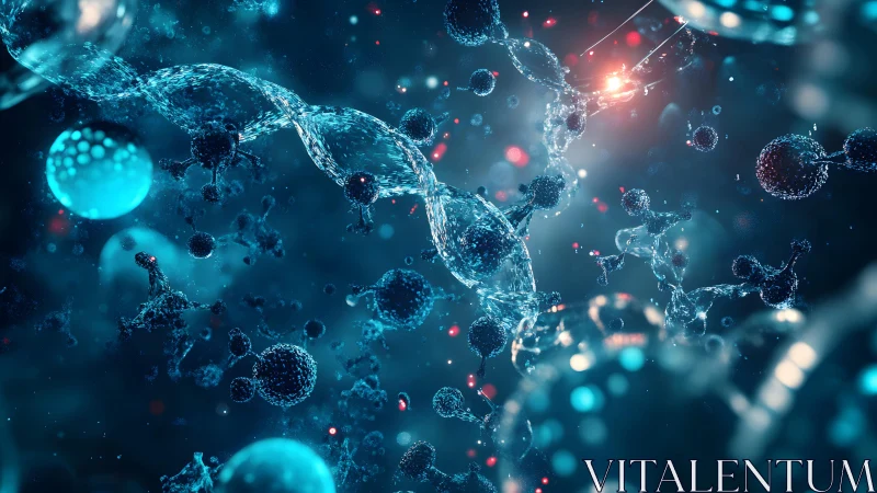 Futuristic DNA Helix and Molecules in Blue Sci-Fi Digital Art.