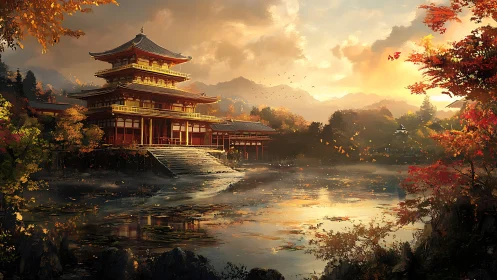 Japanese lakeside temple stands in warm autumn sunset light
