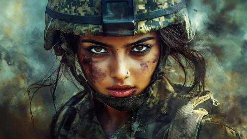 Smoke curls around a fierce soldier as her eyes command silence