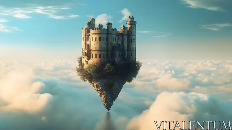 Floating sky castle drifts above glowing morning clouds