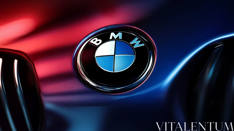 BMW hood emblem close-up with dramatic colored lighting.