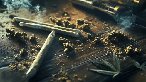 Cannabis joints and loose marijuana on wooden surface.
