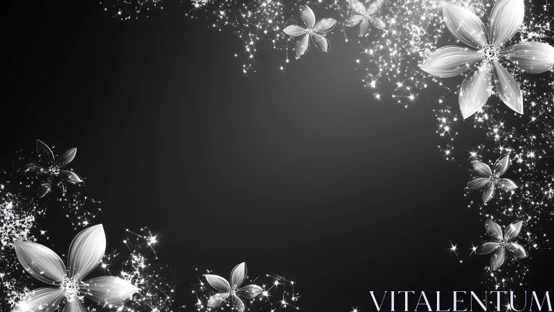 Monochrome floral particle frame with luminous negative space.