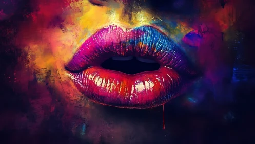 Luminous painted lips glowing in a dreamy neon color storm.