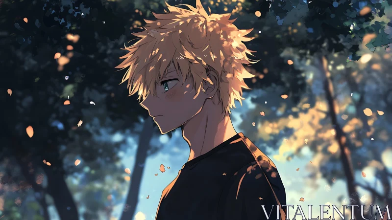 Blond anime boy walks through sunlit forest dusk glow.