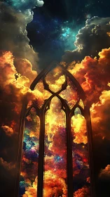 Dreamlit stained glass gateway opening into a starry sky.