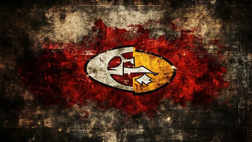 Distressed football emblem on grunge red and ochre field.