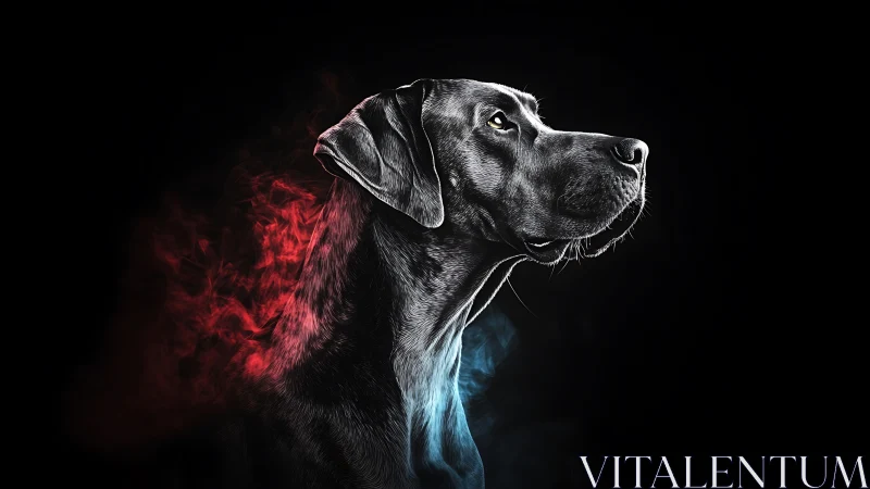 High contrast digital portrait of black dog with red blue smoke
