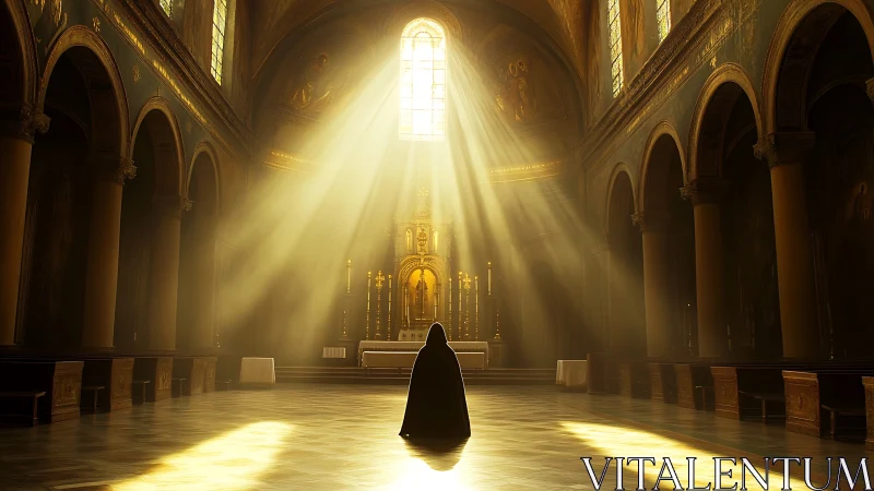 Quiet morning prayer in golden cathedral light.