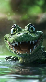 Gleeful swamp crocodile grinning with outrageous cartoon teeth.