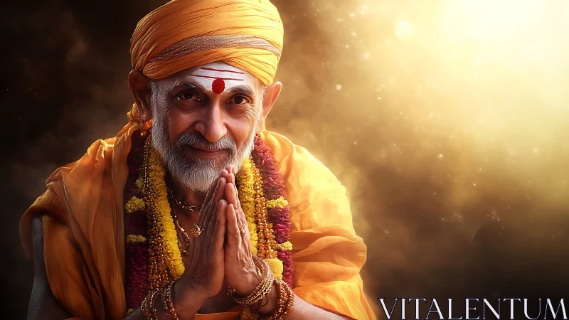 Elderly Hindu guru in saffron robes bathed in divine light.