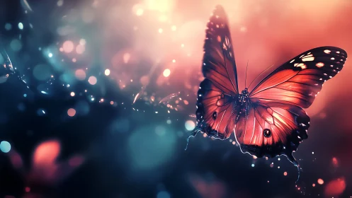 Glowing red butterfly hovers in luminous bokeh dusk field