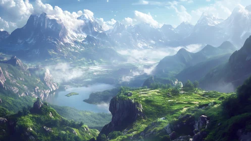 Expansive alpine valley rendered with atmospheric depth and luminous haze