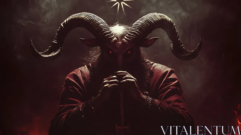 Horned demonic figure holds sword hilt in smoky darkness.