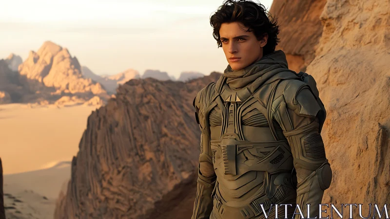 Young man in sci fi armor standing in rocky desert canyon.