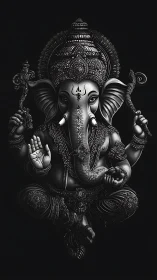 Luminous Ganesha in shadowed silver, carved with cosmic calm.