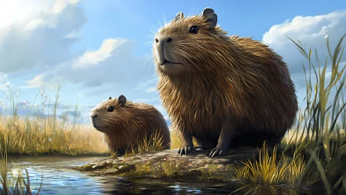 Capybaras stand by calm riverside under clear blue sky