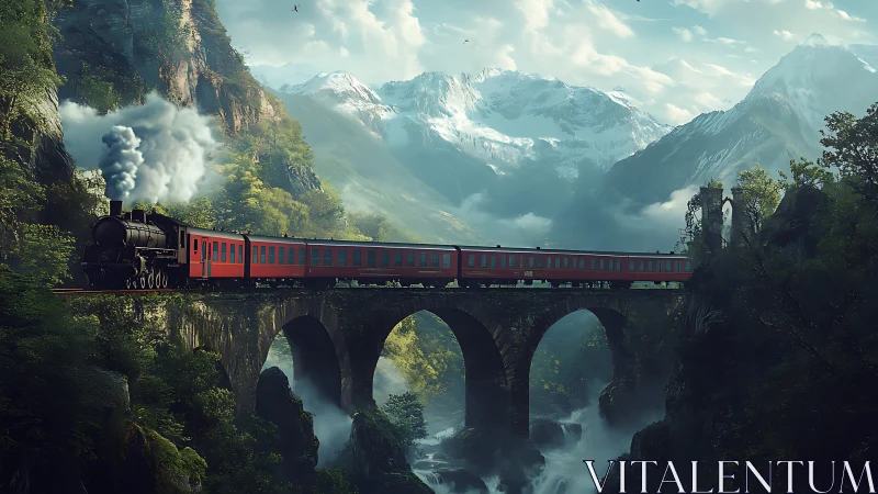 Red steam train crossing stone viaduct in misty mountains.