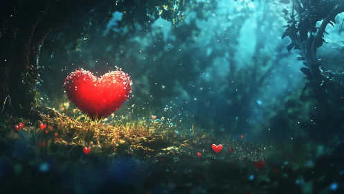 Luminescent Red Heart Blooming in Enchanted Forest Depths.