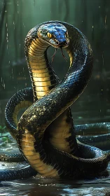 Coiled serpent rises in the rainlit swamp with quiet power